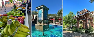Downtown Winter Garden: Farmers Market Left, middle Fountain at Centennial Plaza, Clock Tower
