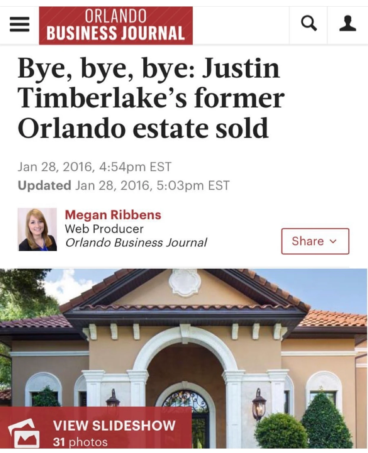 Article about Justin Timberlake Selling Orlando Home