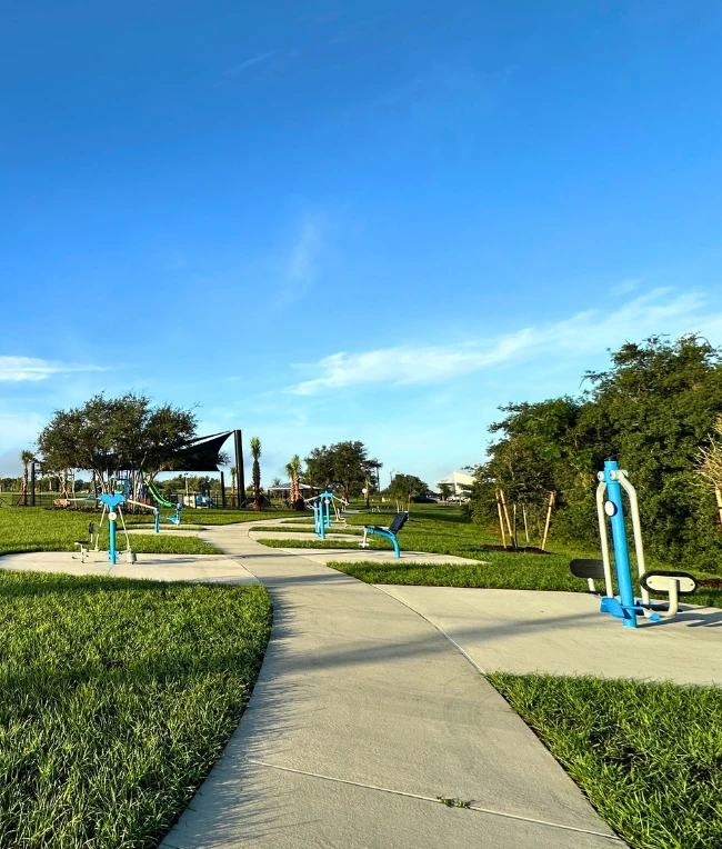 Shaded exercise stations at Watermark Park in Horizon West